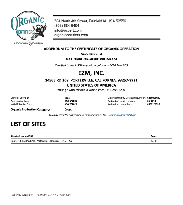 Organic Certification Addendum: Certified Sites (first page preview)